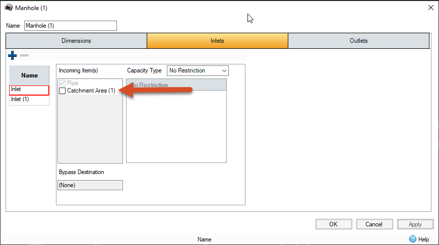 The Manhole (1) dialog box, Inlets tab.