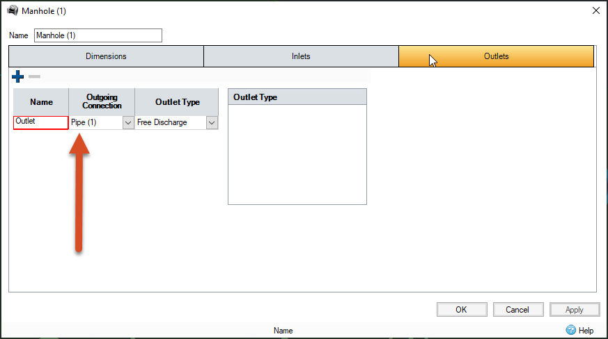 The Manhole (1) dialog box, Outlets tab.