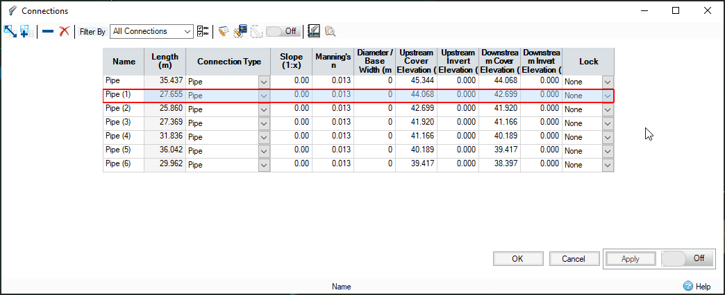 The Connections dialog box with the selected pipe highlighted.