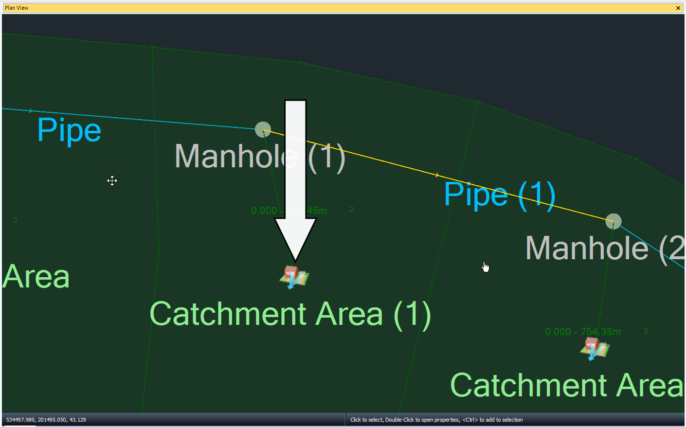 The Plan View with the Catchment Area icon called out as being selected.