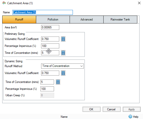 The Catchment Area (1) dialog box.