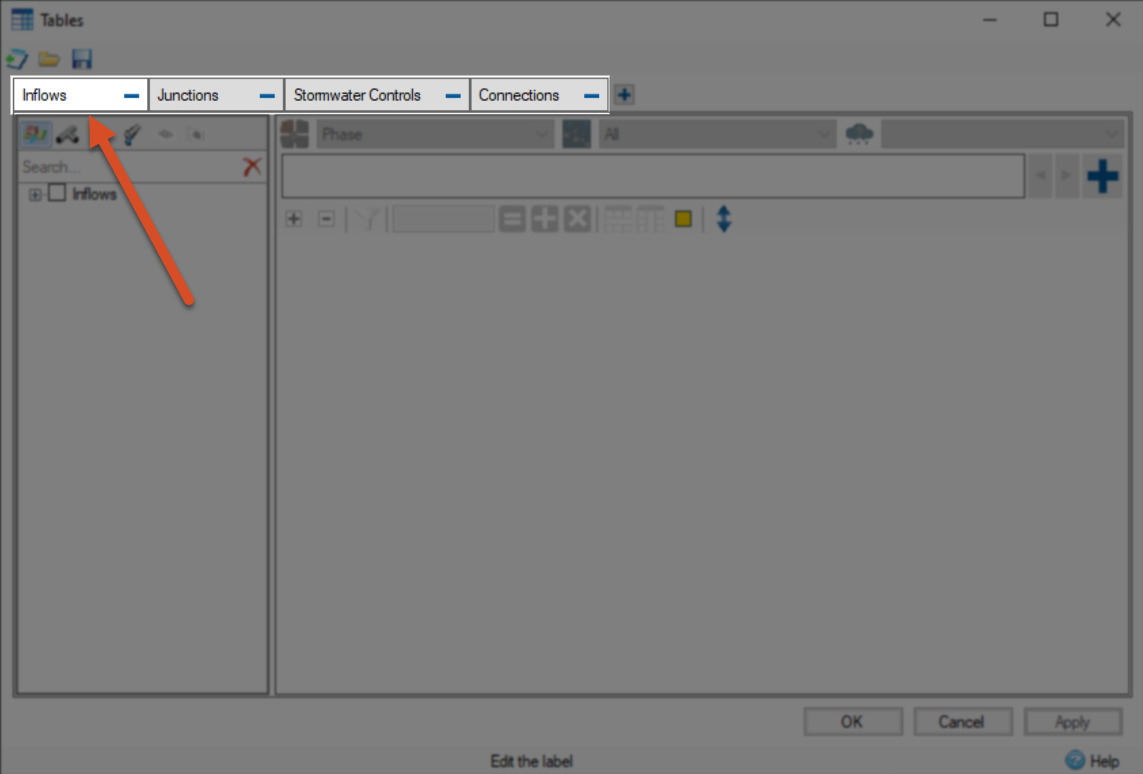The Tables dialog box with the four tabs highlighted and the Inflows tab called out as selected.