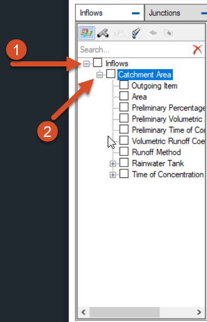 The Inflows tab with Inflows and Catchment Area nodes expanded.