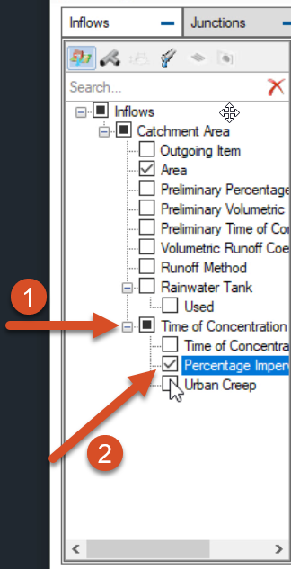 Inflows tab with Time of Concentration expanded and Percentage Impervious selected.