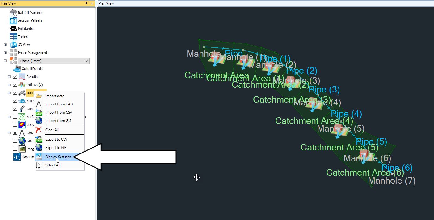 The Plan View with cluttered object labels and the Tree View with the Junctions shortcut menu displayed and Display Settings selected.