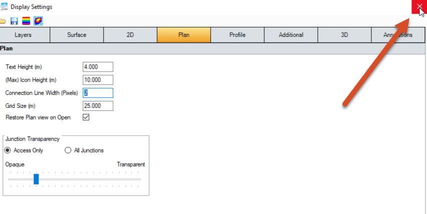 The Display Settings dialog box with settings configured and the Close button highlighted. In the background, the Plan View shows smaller sized annotations.