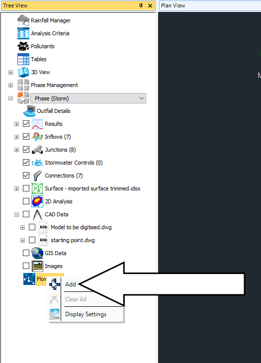 The Tree View with Flow Paths shortcut displayed and Add selected.