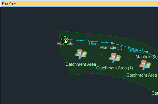 The Plan View with the first manhole selected for inclusion in a flow path