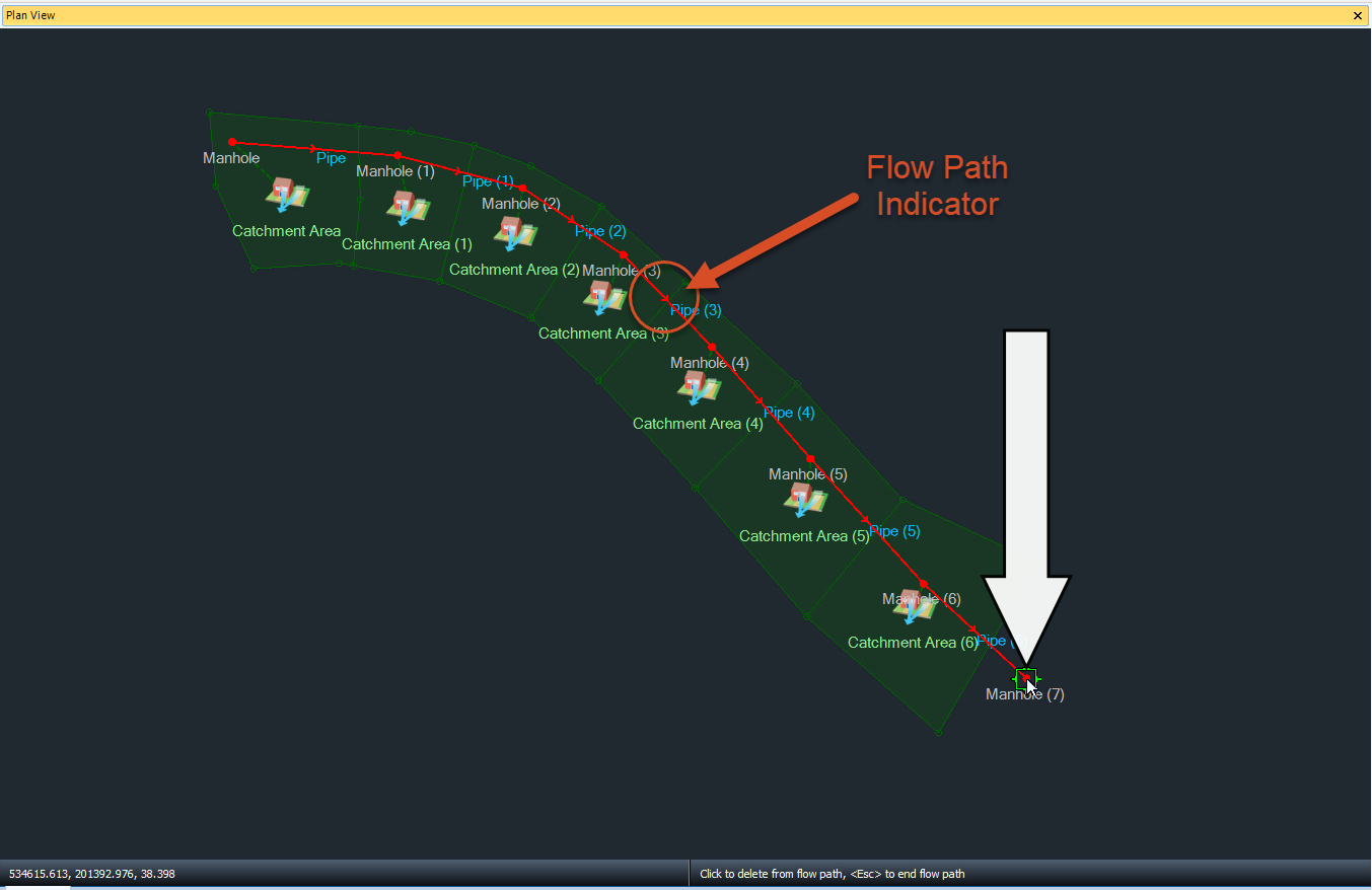 The Plan View with all manholes and pipes highlighted as selected for inclusion in the flow path.