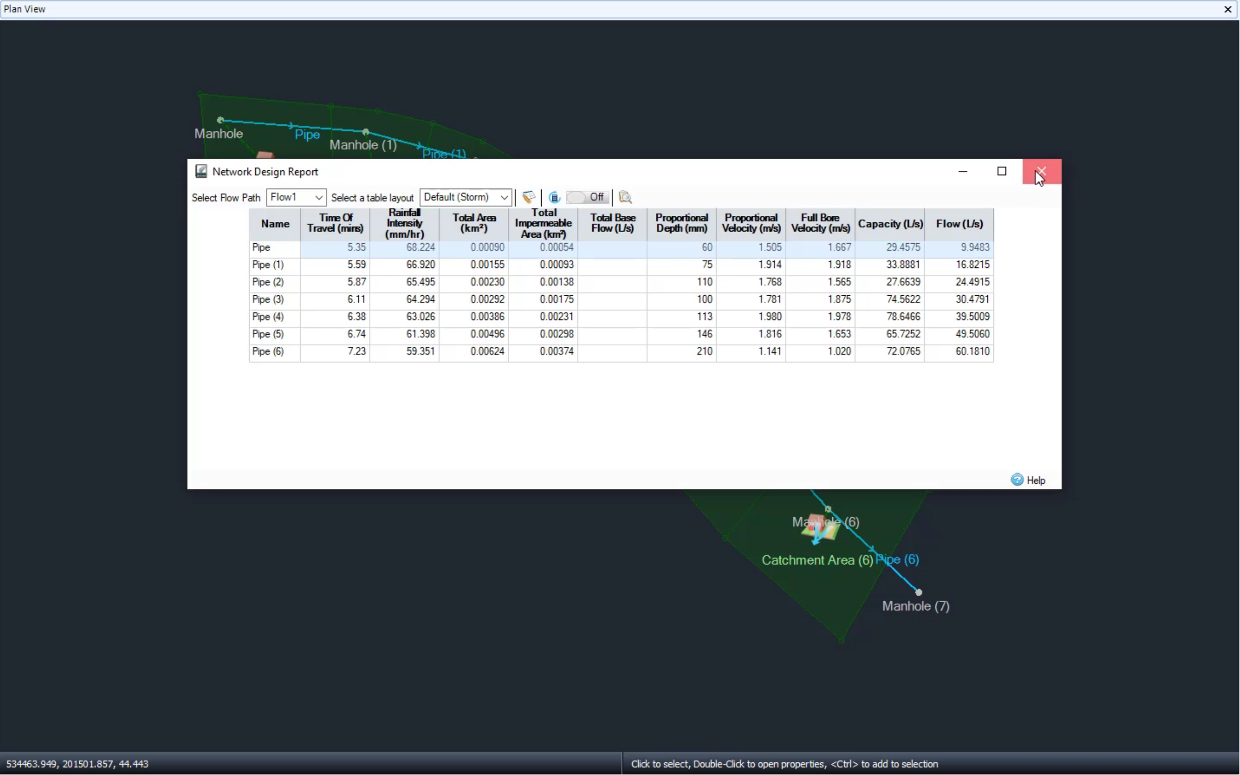 The Plan View, with a drainage model in the background and the Network Drainage Report dialog box open in front of it, showing a table of pipe data for the model.