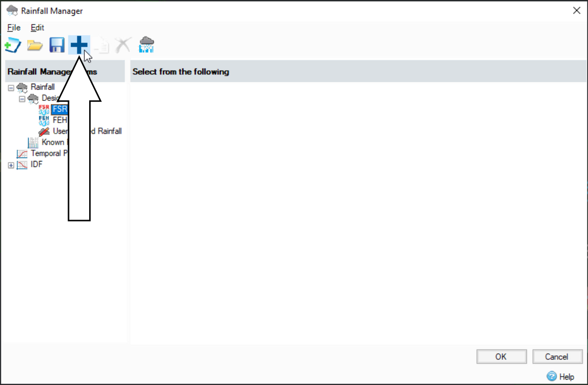 The InfoDrainage Rainfall Manager, with a callout pointing to the Add button in the toolbar. Also, the FSR node is active in the Rainfall Manager Items list.