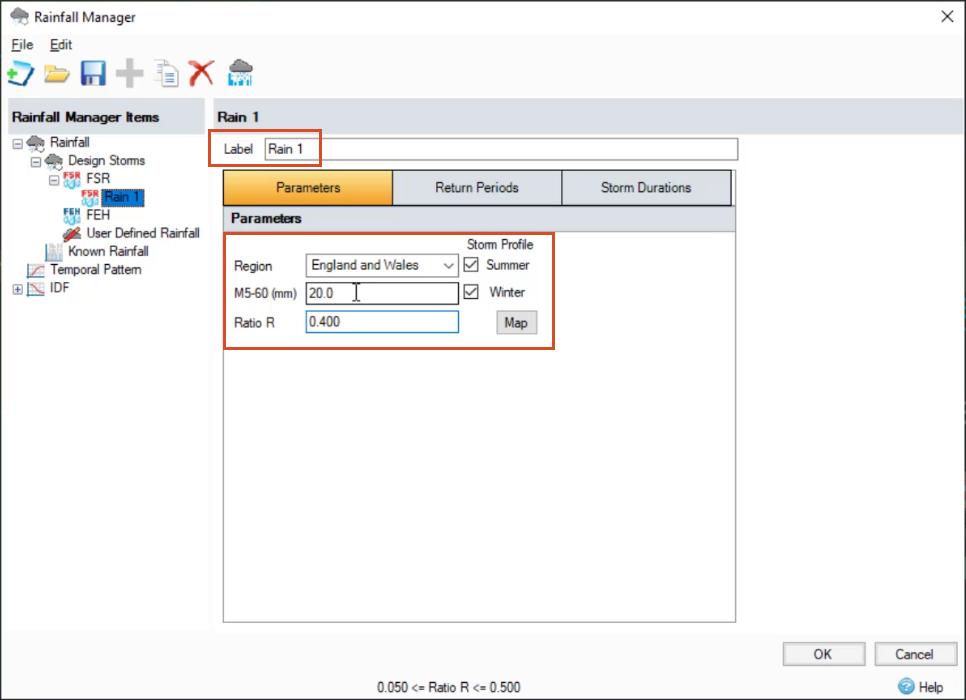 The Rainfall Manager, set to the Parameters tab. The user has set up the name of the rainfall study, as well as several other general parameters, such as the location and seasons.