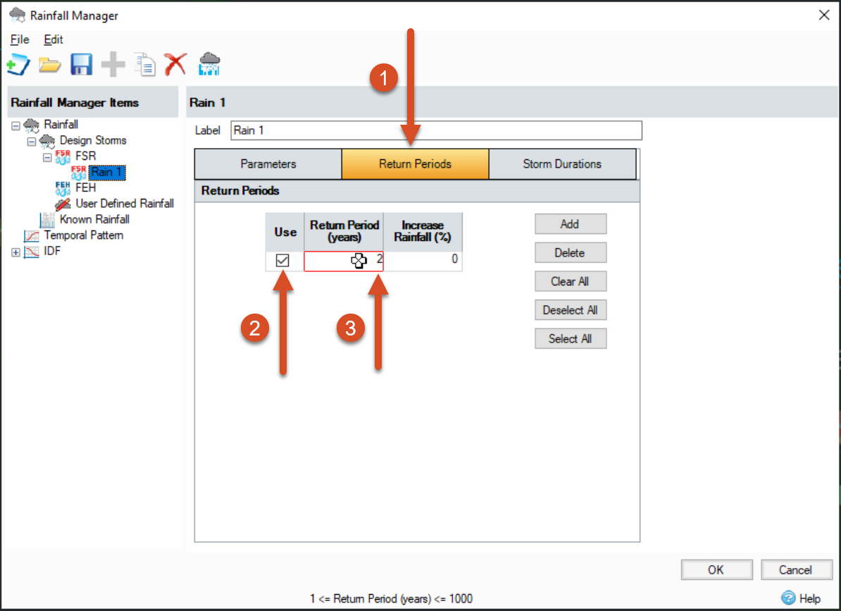 The Rainfall Manager, set to the Return Periods tab. The user is entering a two-year return period.