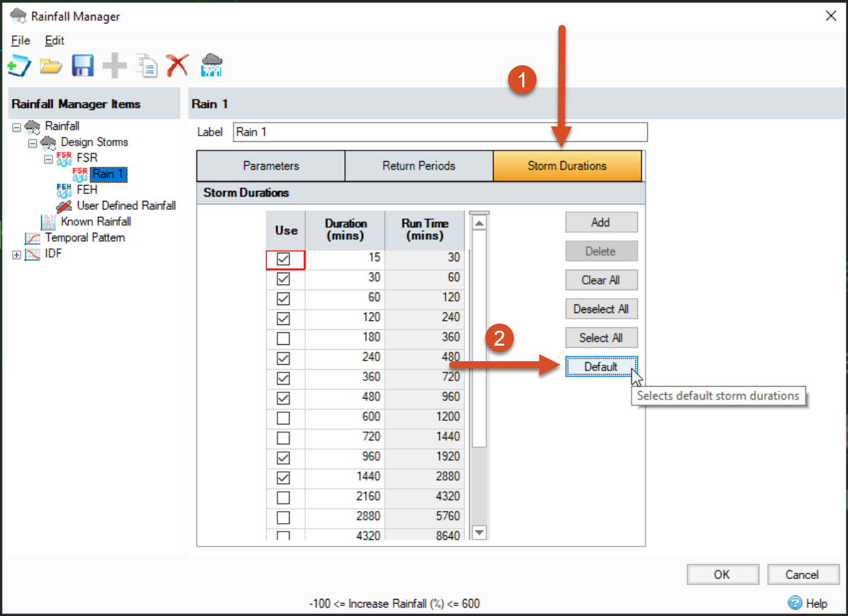 The Rainfall Manager, set to the Storm Durations tab. The user is choosing the Default storm durations to include in this rainfall study.