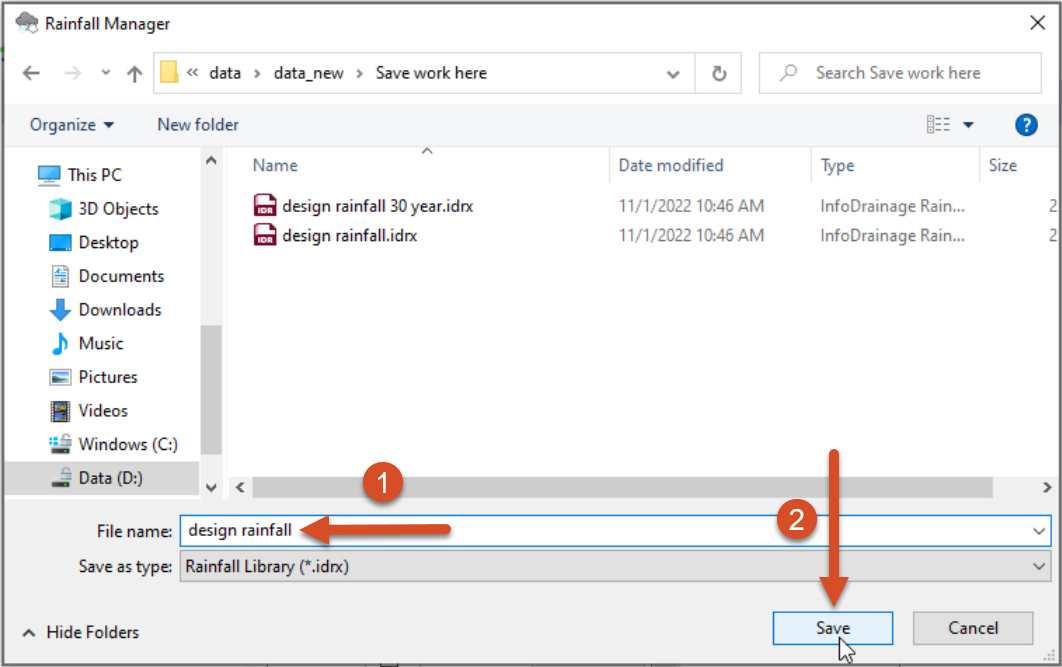 The Rainfall Manager file dialog box, where the rainfall study is named and saved. It can be used later for other studies as well.