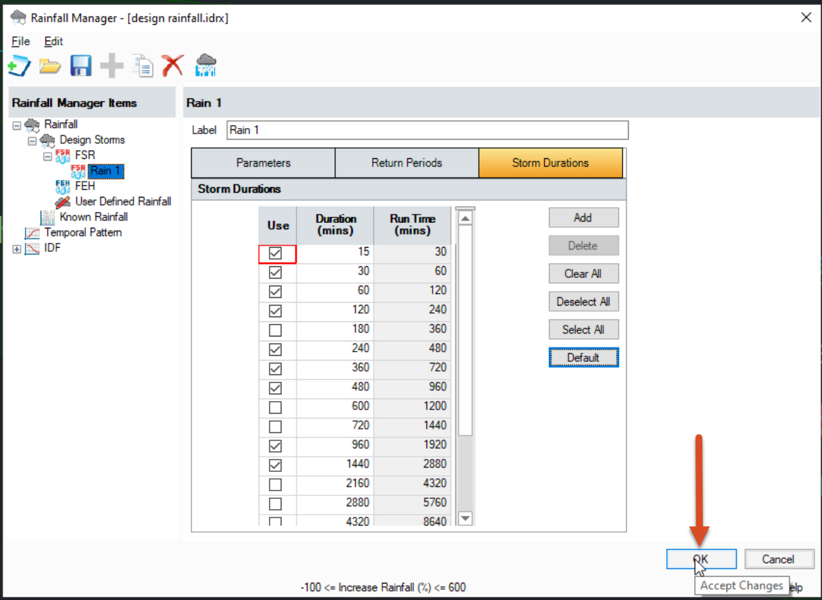 The Rainfall Manager, set to the Storm Durations tab. The rainfall data is now configured, and the user is about to click OK.