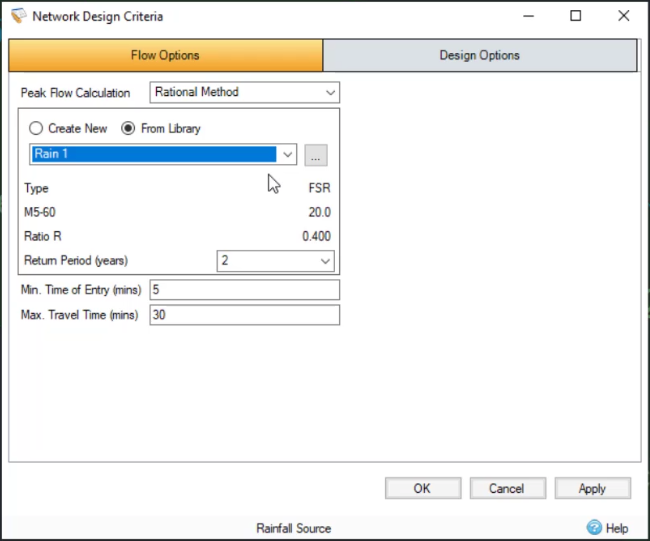 The Network Design Criteria dialog box, with the Flow Options tab active and all applicable settings configured.