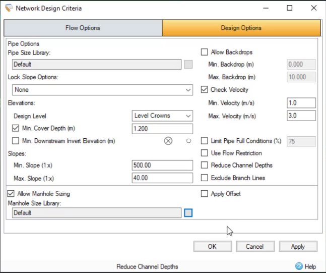 The Network Design Criteria dialog box, with the Design Options tab active and all applicable settings configured.