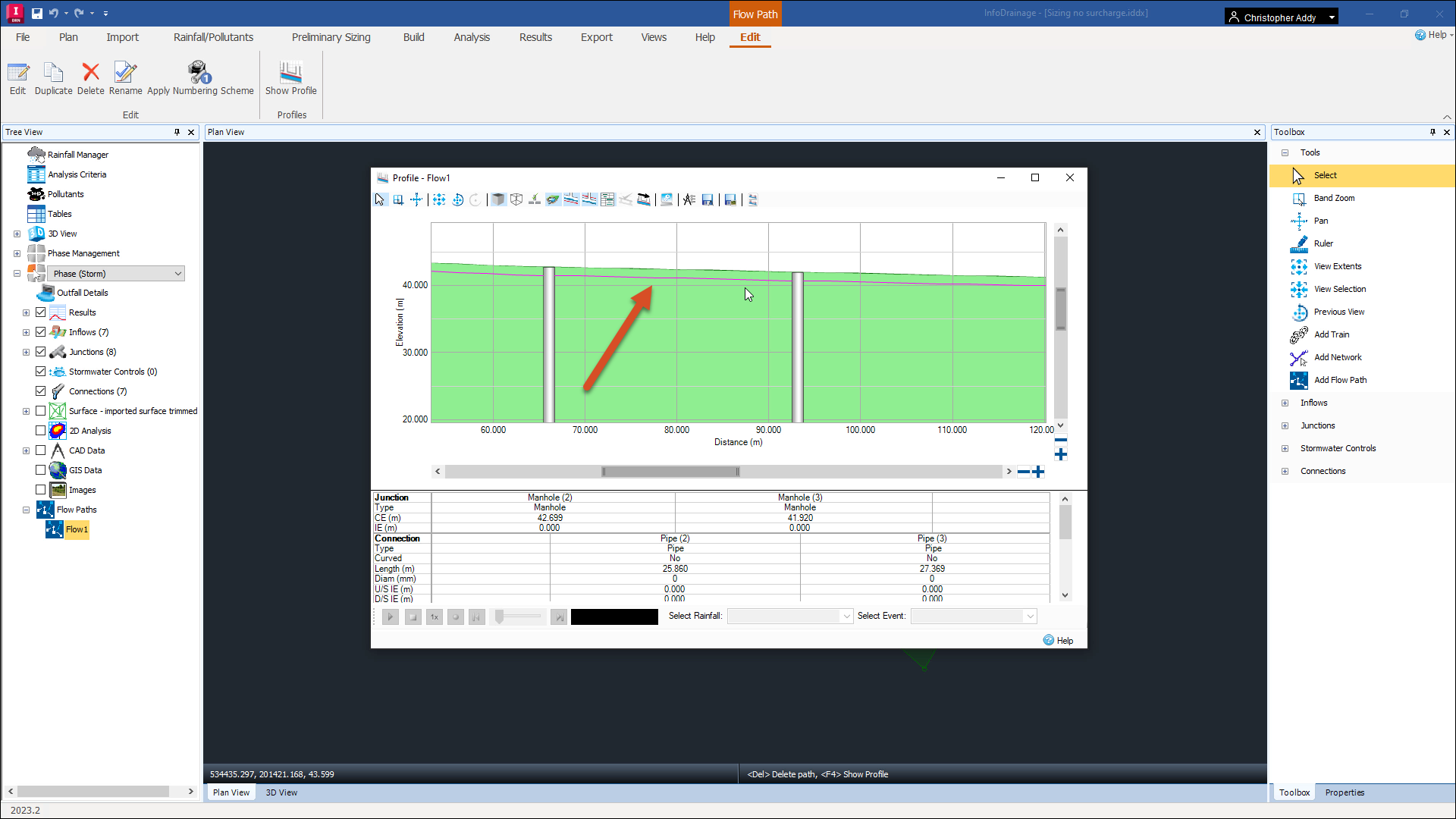 The InfoDrainage interface, with the Profile – Flow1 dialog box open, showing the profile view of the flow path named, ‘Flow1’. The pipes show as just lines, since they have no sizes or depth assigned to them yet.