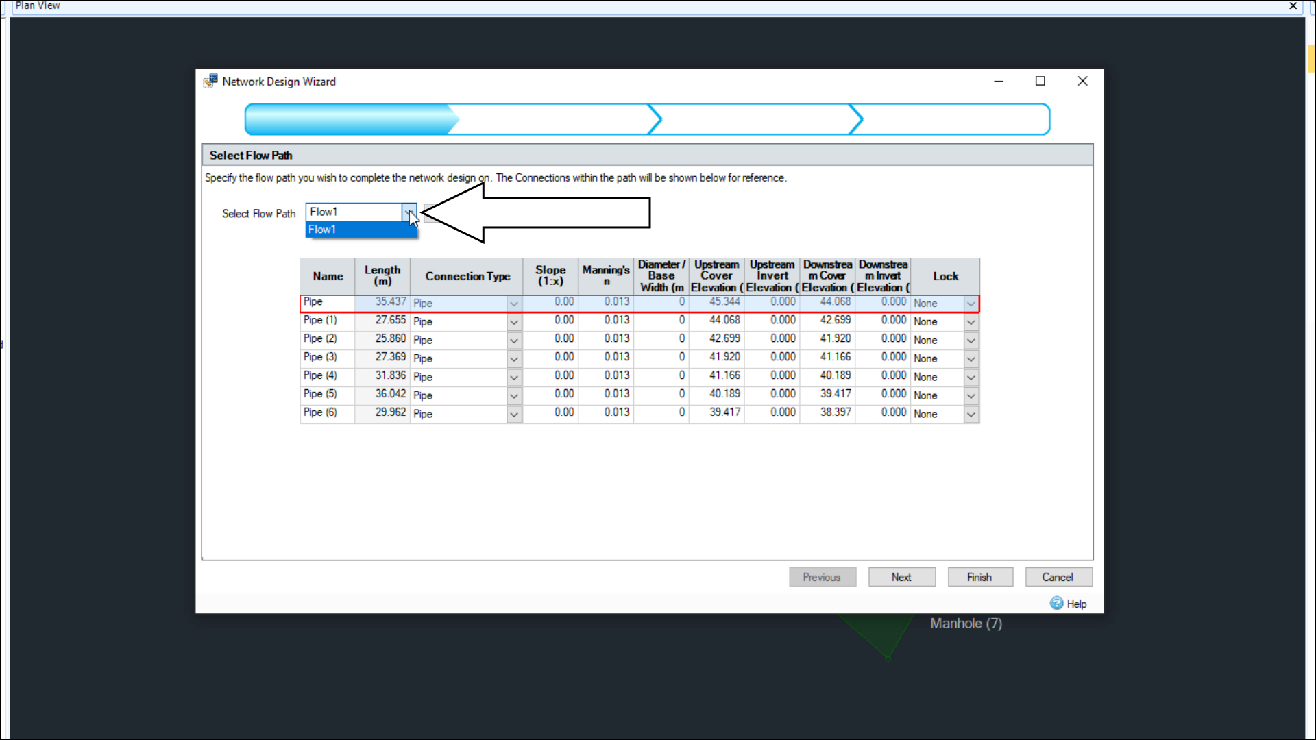 The Network Design Wizard, Select Flow Path page. The Flow1 flow path is being selected, and the pipes are all listed below in the table.