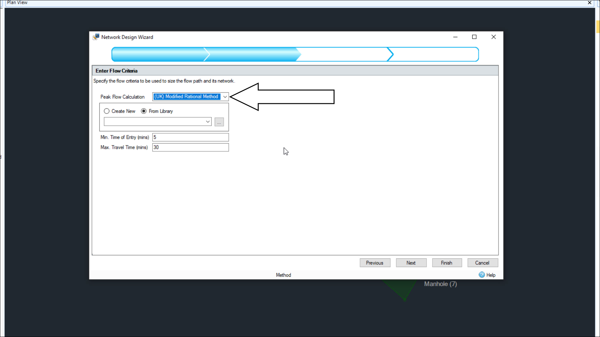 The Network Design Wizard, Enter Flow Criteria page. The Peak Flow Calculation is being selected and called out.