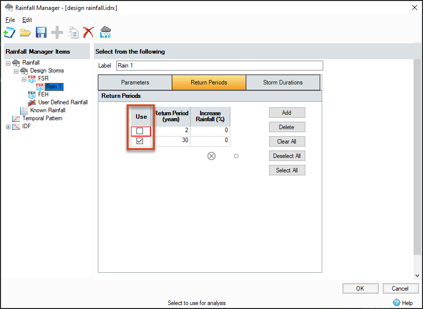 The Rainfall Manager, with the Rain1 rainfall activated. The Return Periods tab is showing, and the Use column is highlighted for changes.