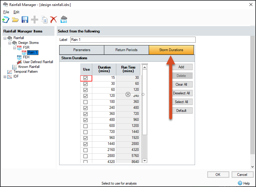 The Rainfall Manager, with the Storm Durations tab active. Under the Use column in the table of rainfall events, nine of the storm durations are checked off as being active.