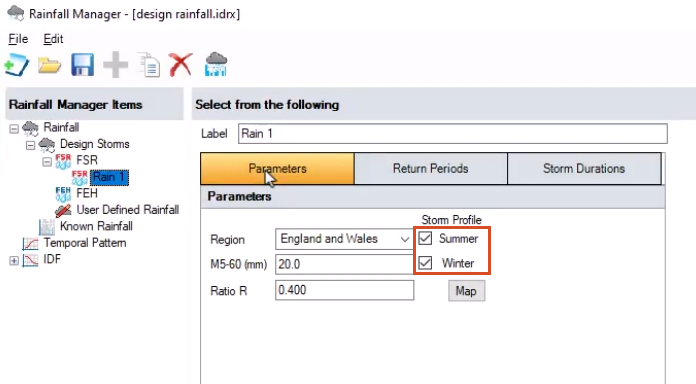 n the Rainfall Manager, on the Parameters tab, the Storm Profiles selected for both Summer and Winter.