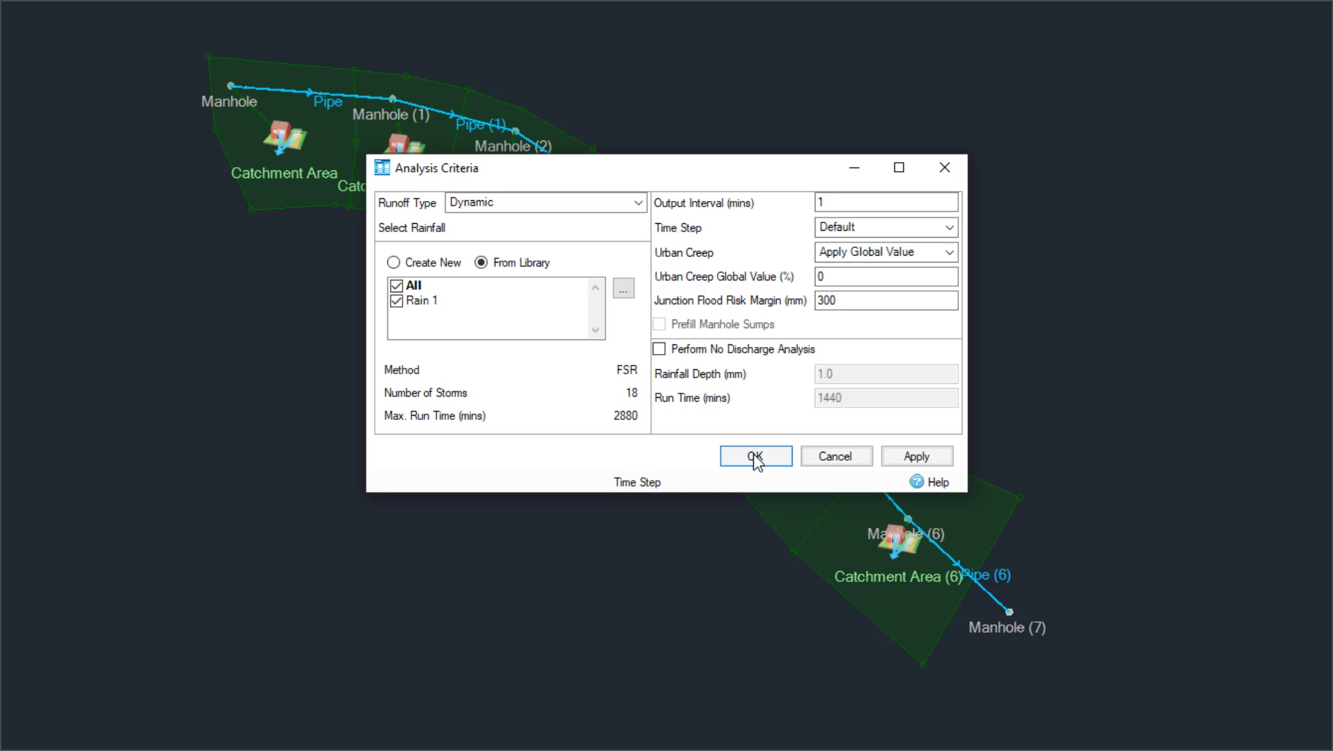 The Analysis Criteria dialog box, with all applicable options configured. The user is about to click OK.