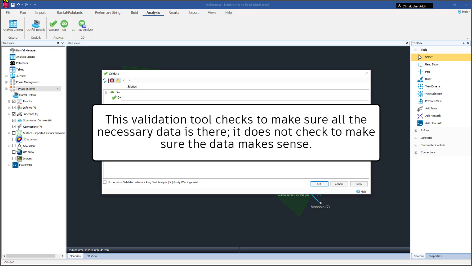 The InfoDrainage interface and Validate dialog box in the background, with a callout message showing in the foreground that reminds users what is validated and what is not during that process.