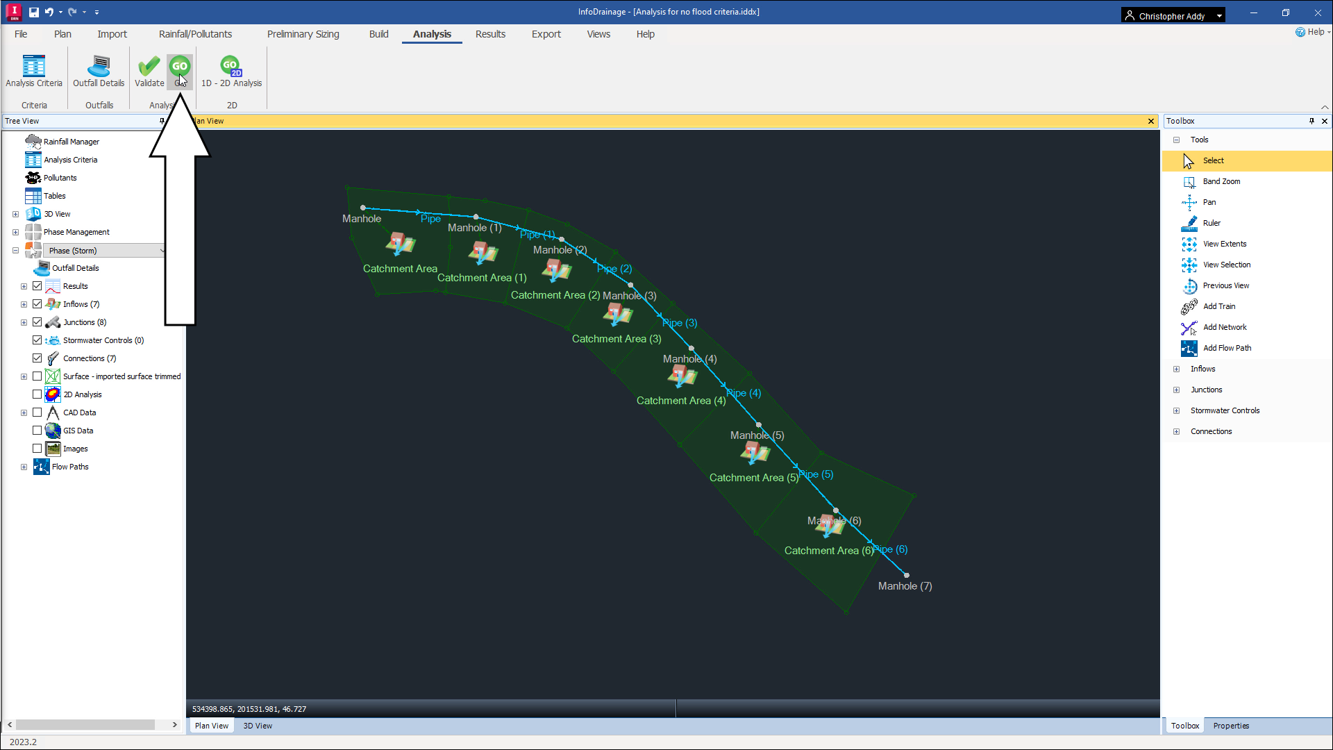 The InfoDrainage interface, with the Analysis Go button called out in the ribbon to begin the calculations.