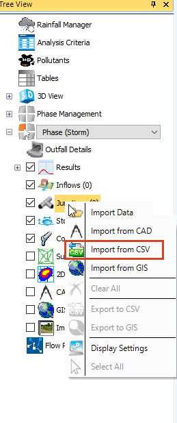 The Tree View with the Junctions submenu displayed, and Import from CSV selected