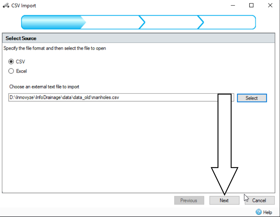 The CSV Import dialog with a CSV file selected and the Next button called out.