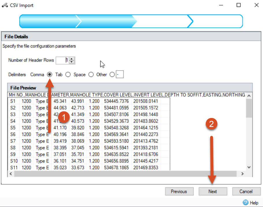 The CSV Import dialog with the File Details page configured.