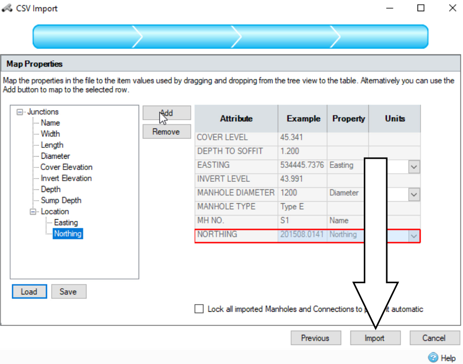 The CSV Import dialog with the Map Properties configured and the Import button called out.