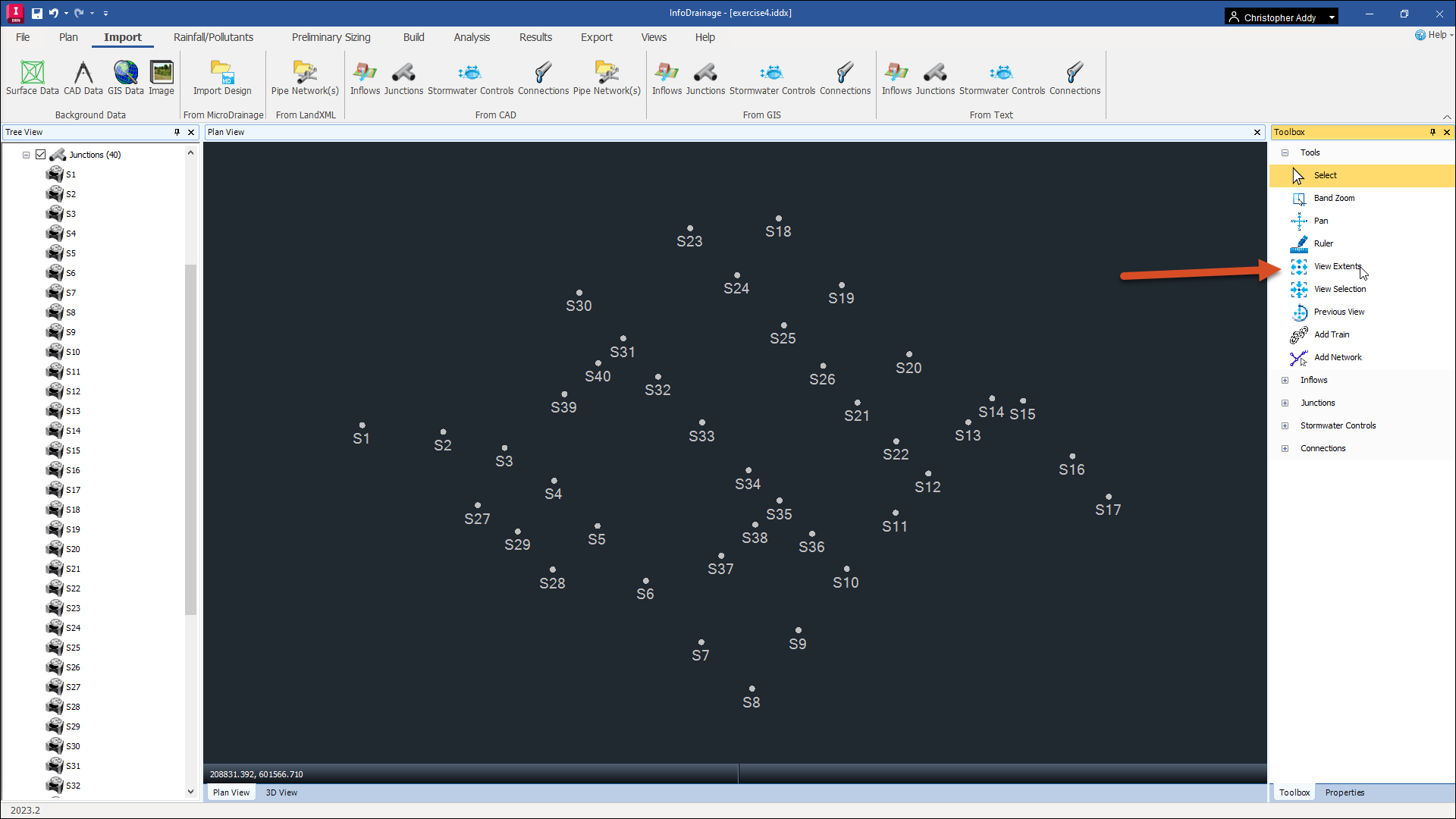 The Toolbox with View Extents called out and the Plan View with the imported CSV data mapped.