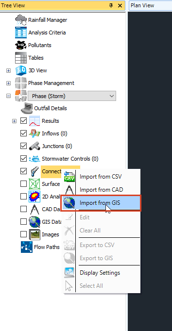 The Tree View with the Connections menu displayed and Import from GIS selected