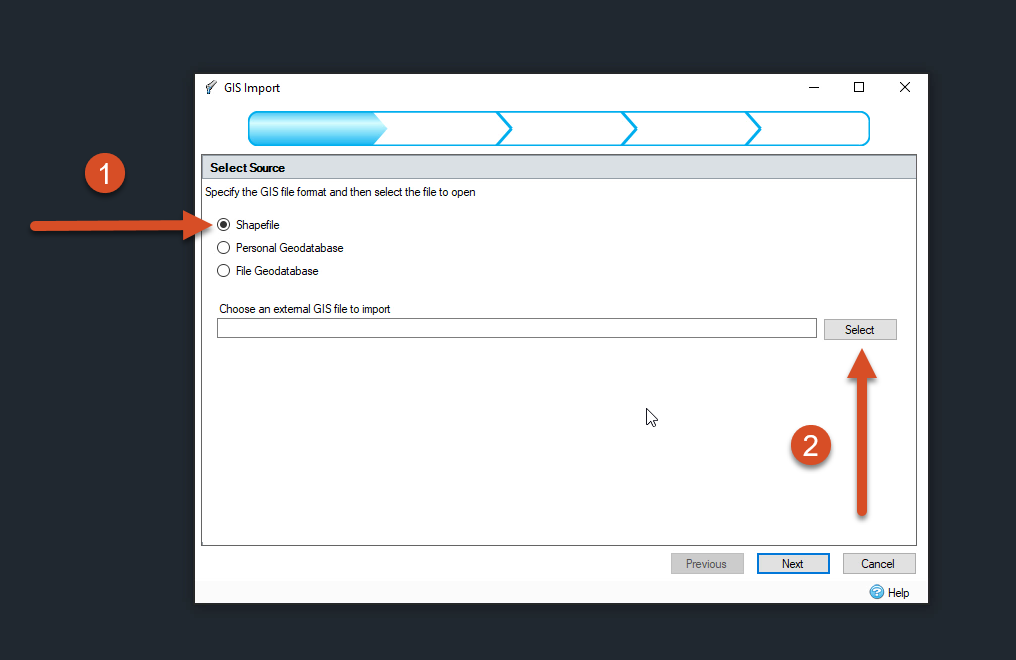 The GIS Import dialog box with Shapefile selected and the Select button called out.