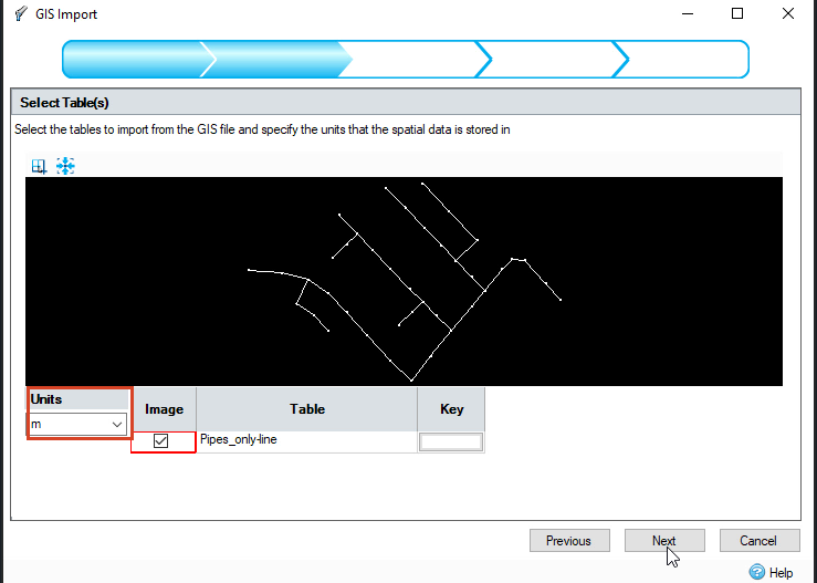 The GIS Import dialog box, Select Table(s) page, with units set.