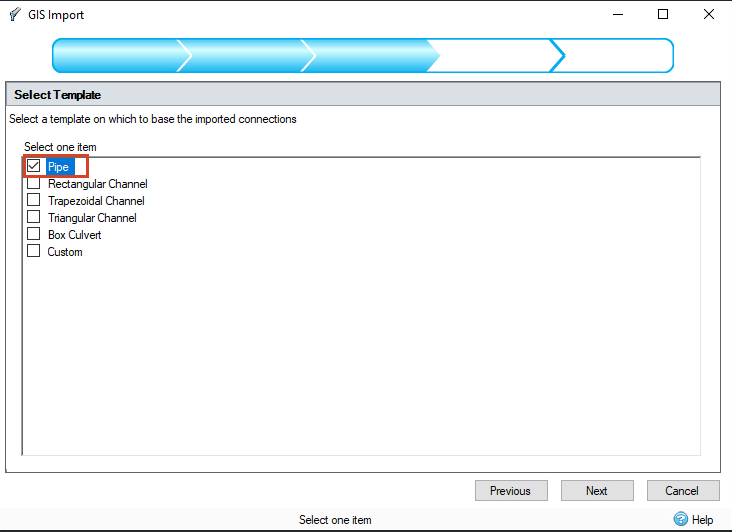 The GIS Import dialog box Select Template page with Pipe selected.