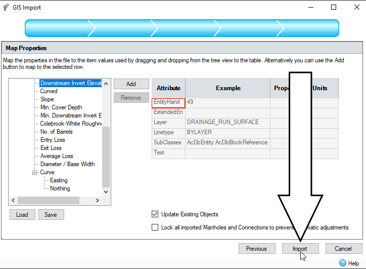 The GIS Import dialog box, Map Properties page, with Import called out.