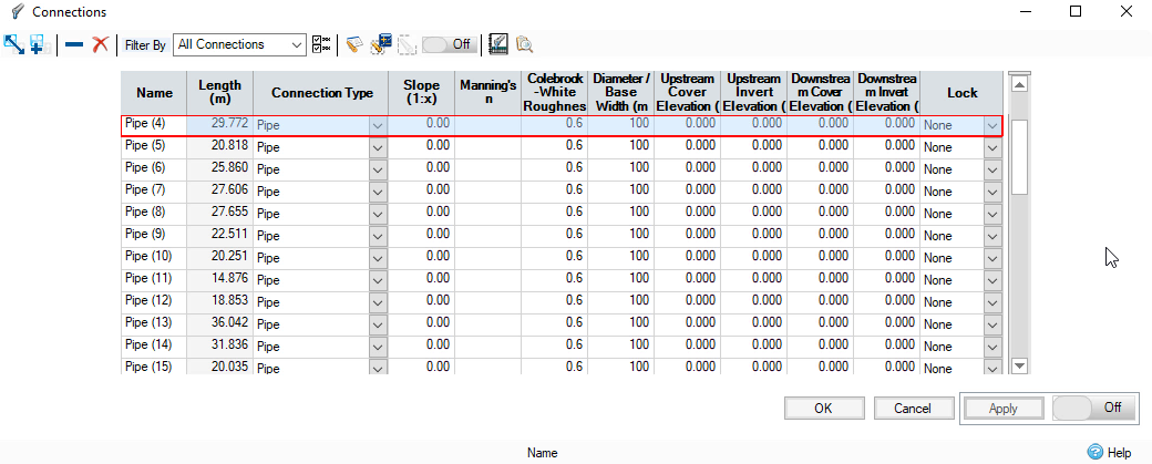 The Connections dialog box listing all the pipes and their data in the model.