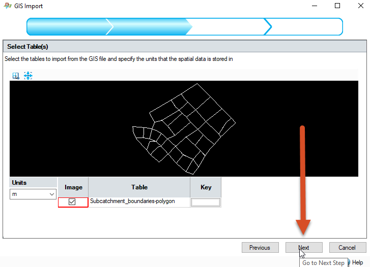 The GIS Import dialog box, Select Tables page for the import of inflows (catchment areas).