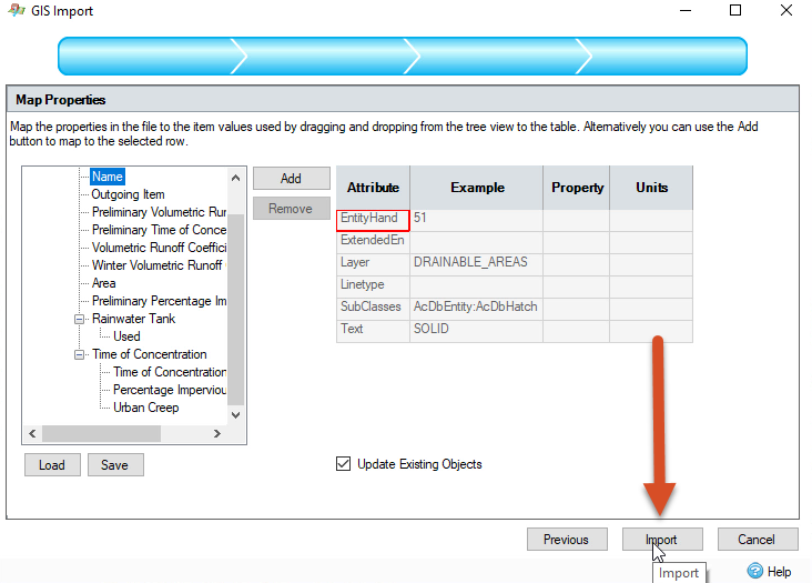 The GIS Import dialog box with settings configured and Import called out.