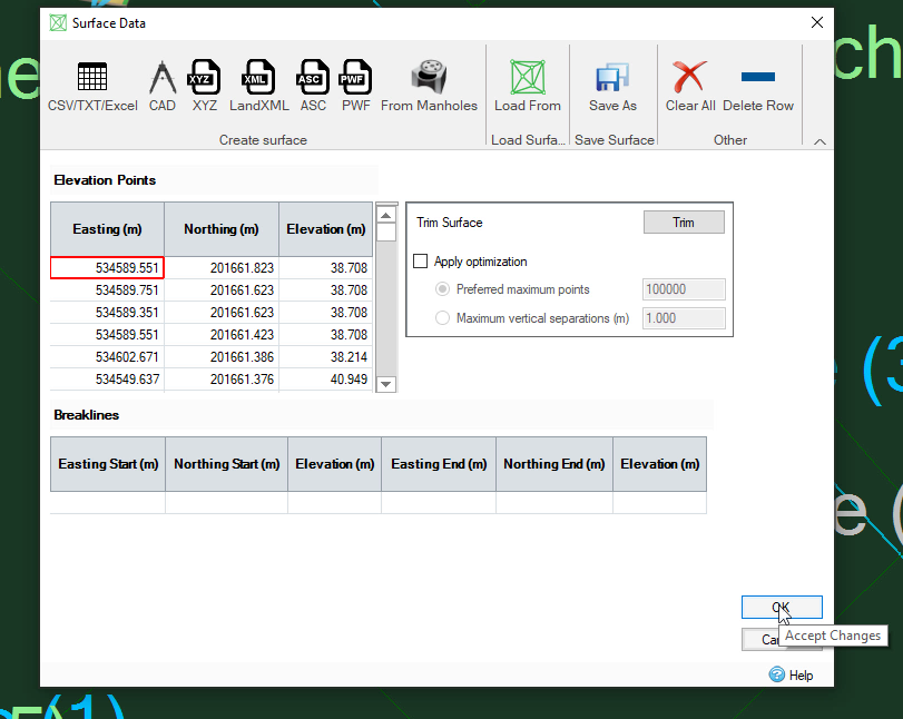 The Surface Data dialog box with OK being selected.