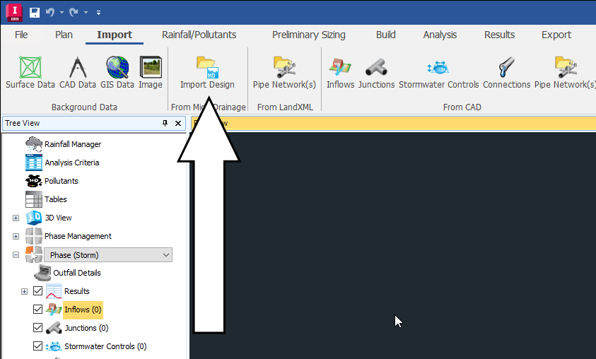 The InfoDrainage ribbon, Import tab, From MicroDrainage panel, with Import Design called out.