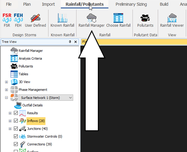 The Rainfall/Pollutants tab with Rainfall Manager called out for selection.