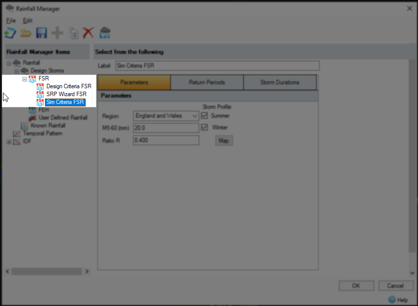 The Rainfall Manager dialog box with the FSR nodes highlighted.