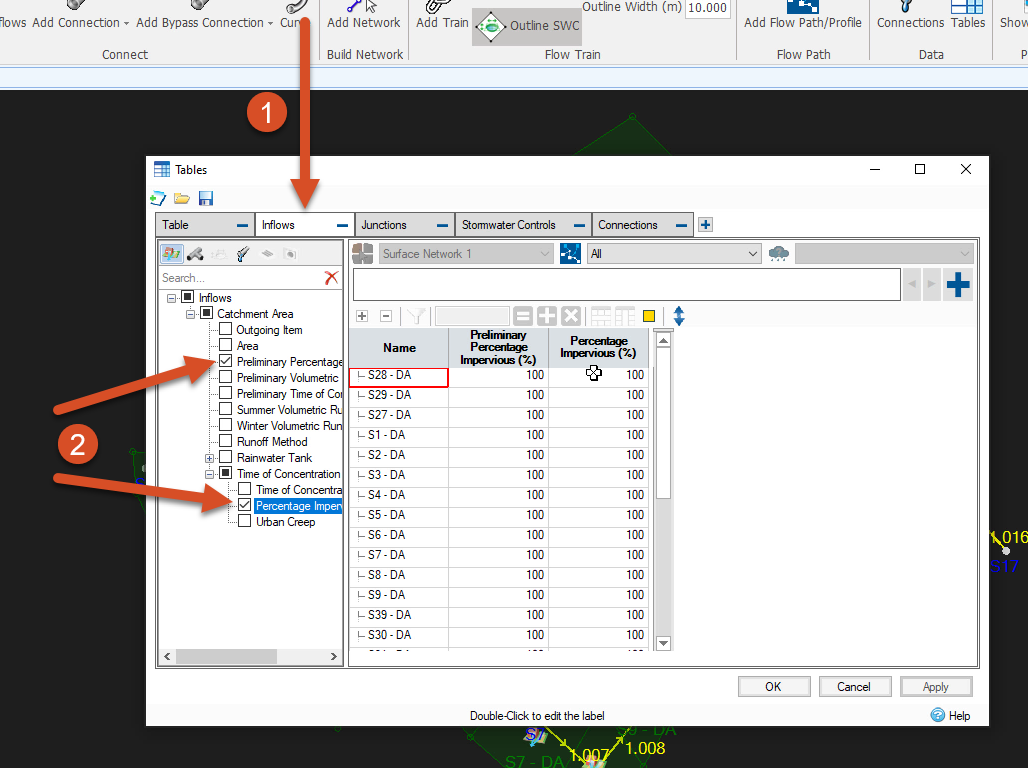 The Tables dialog box, Inflows tab, with the Inflows tree expanded and Preliminary Percentage and Percentage Impervious selected.