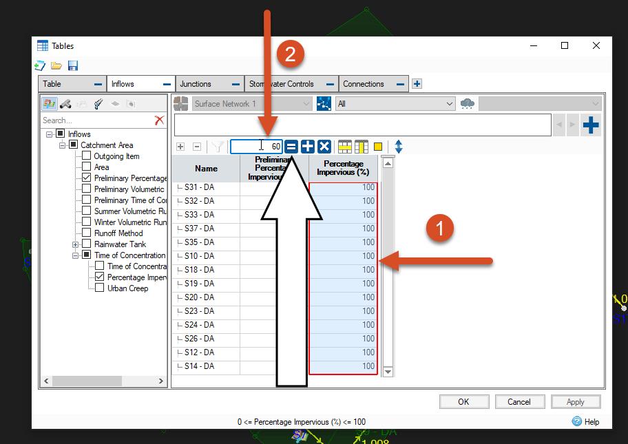 The Tables dialog box with the Percentage Impervious column highlighted